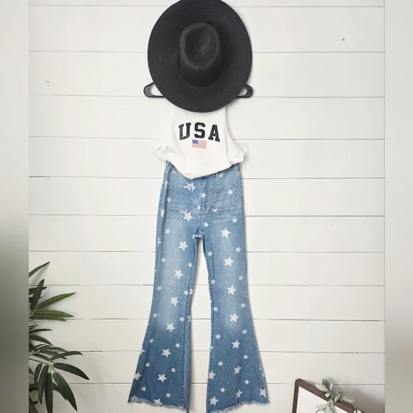 Cello Blue Flare Wide Leg Jeans with Star Pattern - Picture 4 of 4